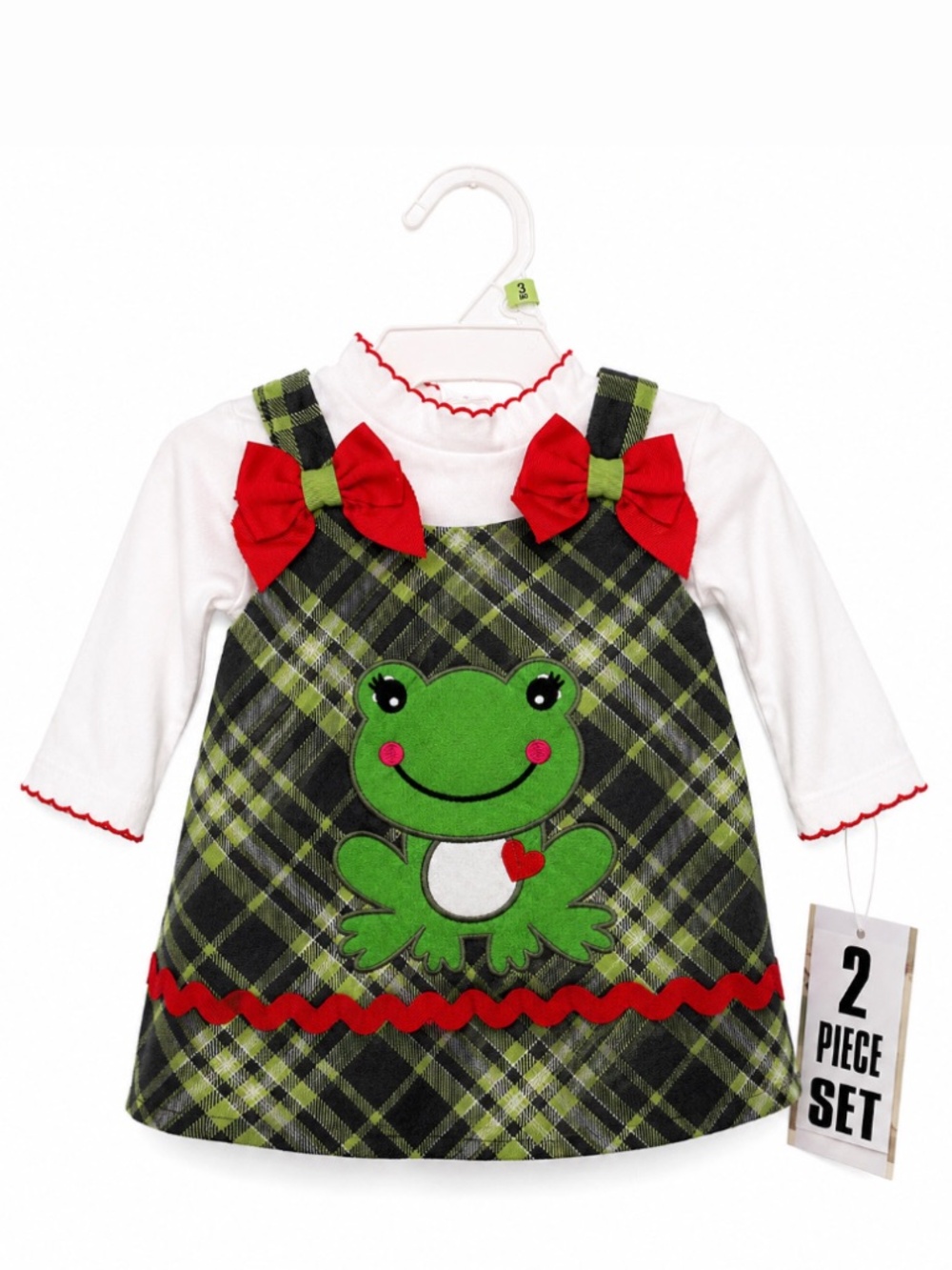 BABY GIRL 2-PIECE  FROG PLAID JUMPER DRESS & WHITE LONG SLEEVE TOP